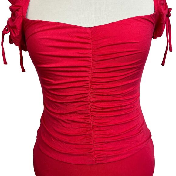 Lovers and Friends Jupiter Bodysuit Size S Red Square Neck Ruched Knit - Picture 5 of 16